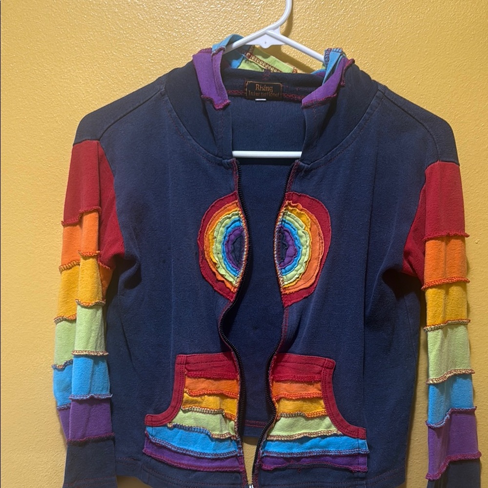 Rising International Rainbow Patchwork Jacket with gnome Hoodie & pockets